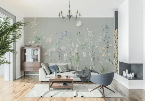 Ethereal Pastel Wildflower Sprigs Sage Green Mural