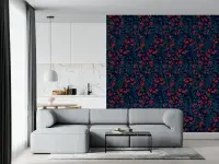 Crimson Berries and Teal Foliage Pattern Wallpaper