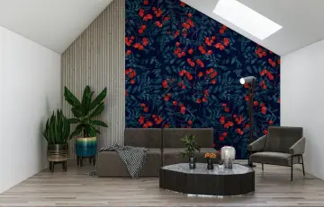 Crimson Berries and Teal Foliage Pattern Wallpaper