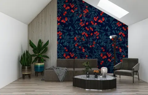 Crimson Berries and Teal Foliage Pattern Wallpaper