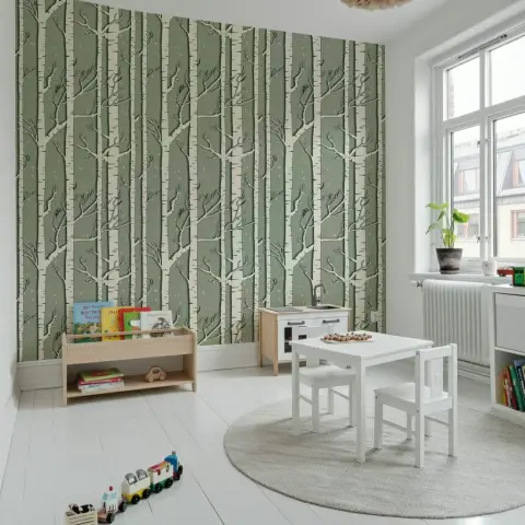 Sage Green Birch Forest Pattern Wallpaper