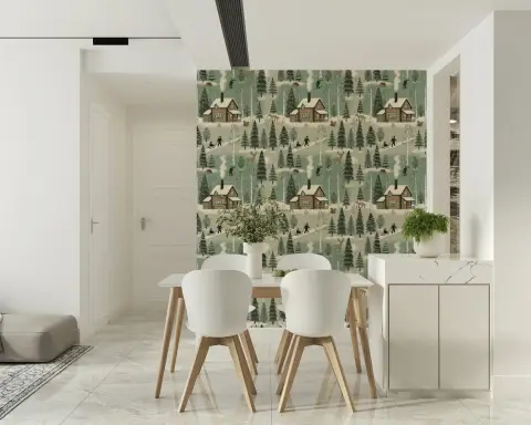 Whimsical Winter Forest Cabin Wallpaper