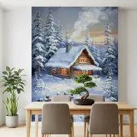 Cozy Winter Cabin in Snowy Forest Wall Mural