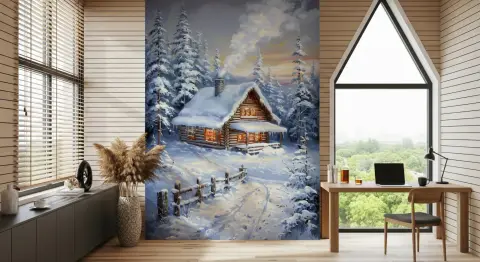 Cozy Winter Cabin in Snowy Forest Wall Mural