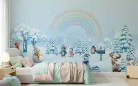 Playful Winter Friends and Rainbow Kids' Wall Mural