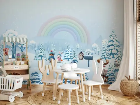 Playful Winter Friends and Rainbow Kids' Wall Mural