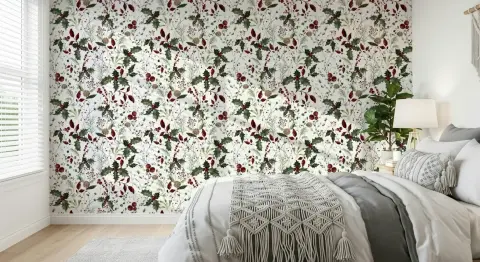 Holly and Berries Winter Botanical Wallpaper