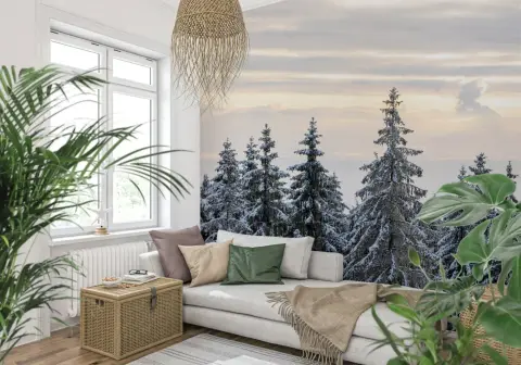 Snow-Dusted Pine Forest Scenic Wall Mural