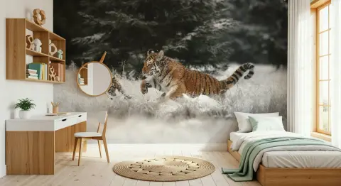 Playful Tiger Cubs in Snowy Landscape Wall Mural