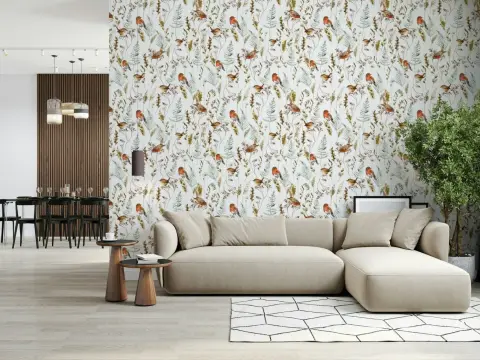 Charming Robin Bird and Ferns Botanical Wallpaper