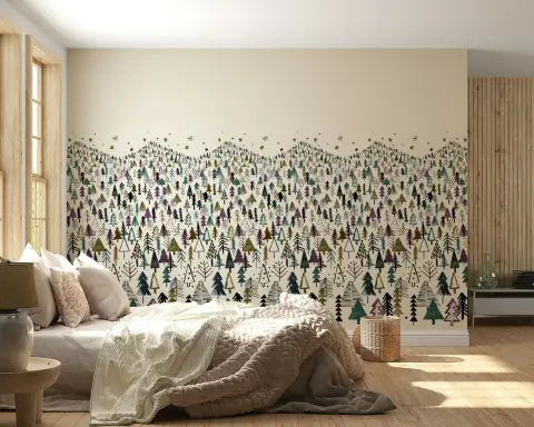 Muted Evergreen Tree Hillside Wallpaper Mural