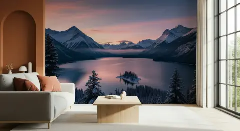 Majestic Mountain Lake Sunset Scenery Wall Mural