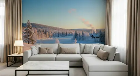 Serene Winter Landscape with Distant Cabin Wall Mural