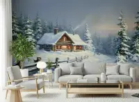 Enchanting Snowy Forest Log Cabin Wall Mural