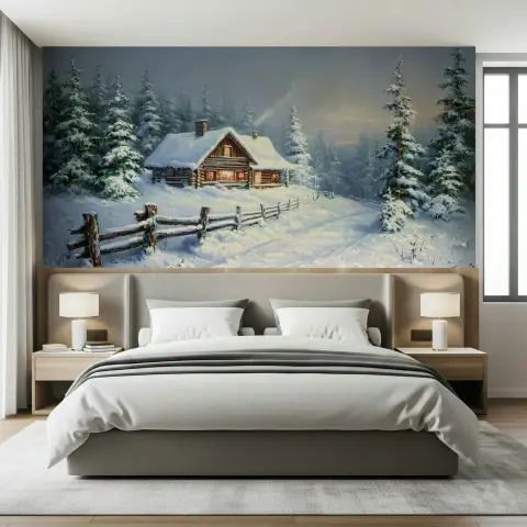 Enchanting Snowy Forest Log Cabin Wall Mural