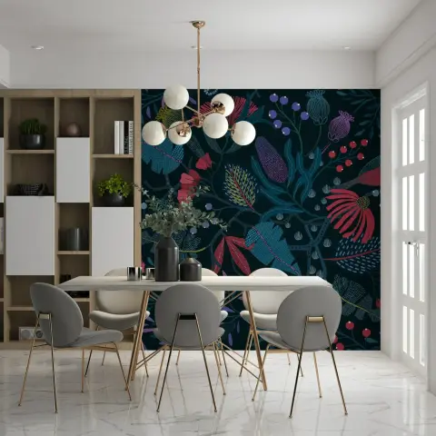 Vibrant Stylized Botanical Forest Wall Mural with Birds