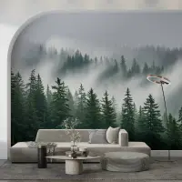 Fog-Kissed Verdant Evergreen Forest Mural