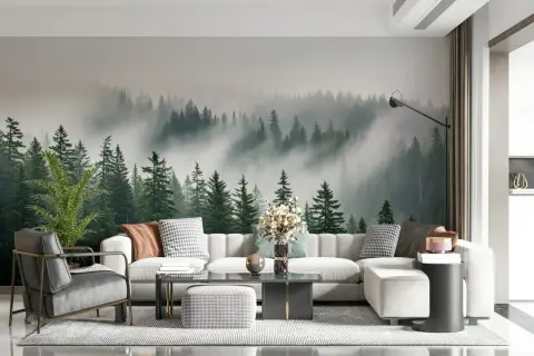 Fog-Kissed Verdant Evergreen Forest Mural