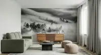 Sunlit Forest Fog Grayscale Wall Mural
