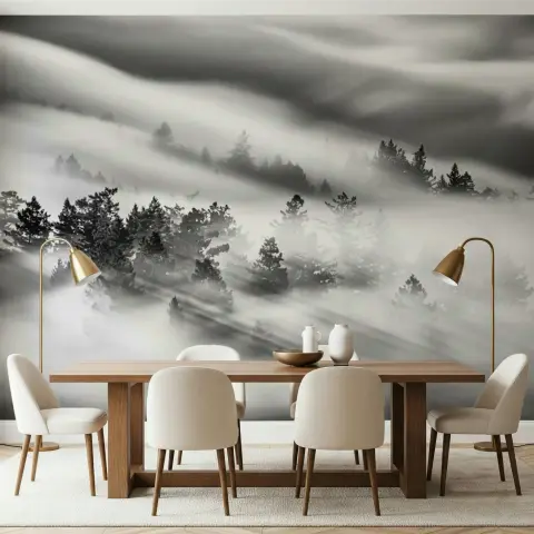 Sunlit Forest Fog Grayscale Wall Mural