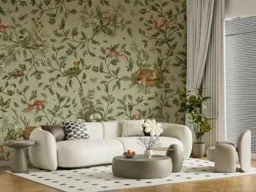 Whimsical Woodland Animals and Oak Branches Wallpaper