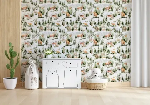 Watercolor Forest Animals and Pine Trees Wallpaper