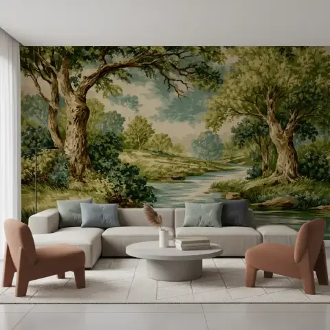 Verdant River Bend Classic Tapestry Wallpaper Mural