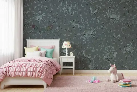Whimsical Woodland Creatures Grey Wallpaper