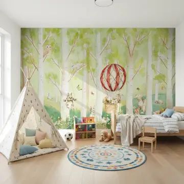 Whimsical Forest Animals Hot Air Balloon Wall Mural