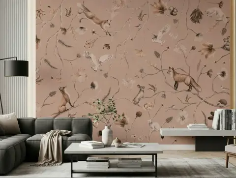 Blush Woodland Creatures and Botanical Vines Wall Mural