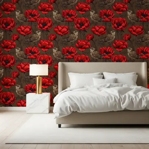 Vibrant Red Peony and Wren Botanical Wallpaper