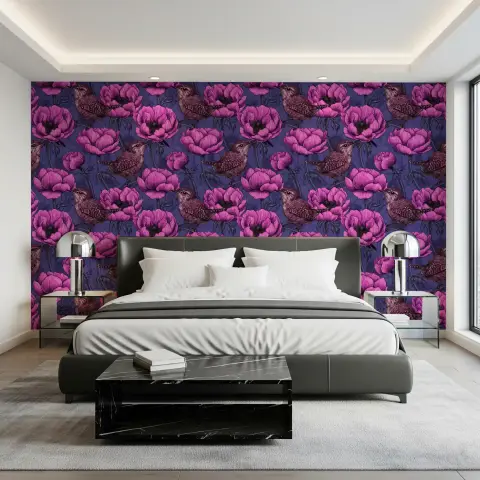 Wrens and Magenta Peonies Botanical Wallpaper
