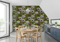 Vintage Wren and Anemone Floral Pattern Wallpaper