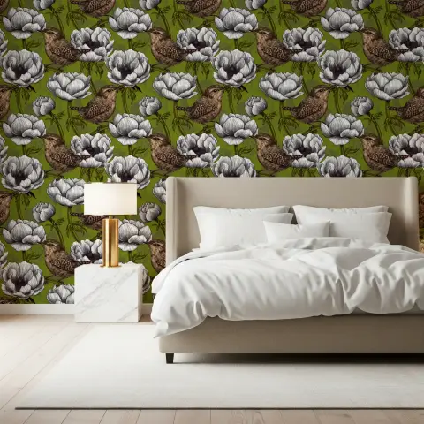 Vintage Wren and Anemone Floral Pattern Wallpaper