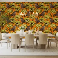 Vibrant Wren and Anemone Botanical Wallpaper