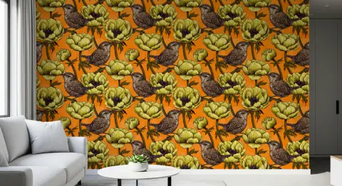Vibrant Wren and Anemone Botanical Wallpaper
