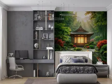 Tranquil Japanese Pavilion and Bamboo Forest Wall Mural
