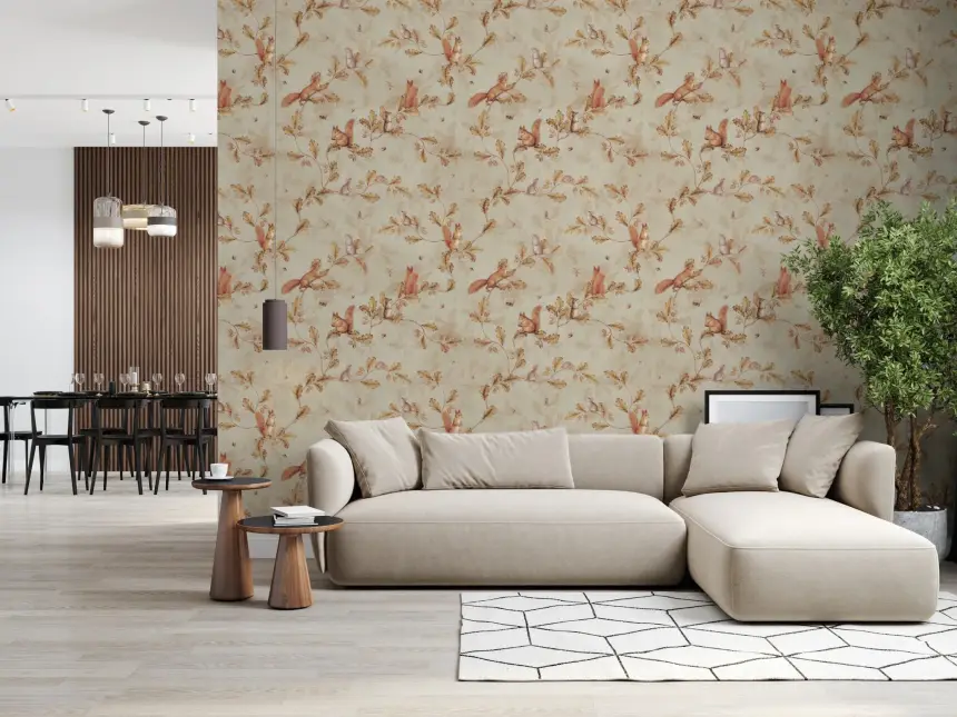 18TH Rococo Forest Chinoiserie with Squirrels and Mice on Oak Tree Branches Beige Wallpaper