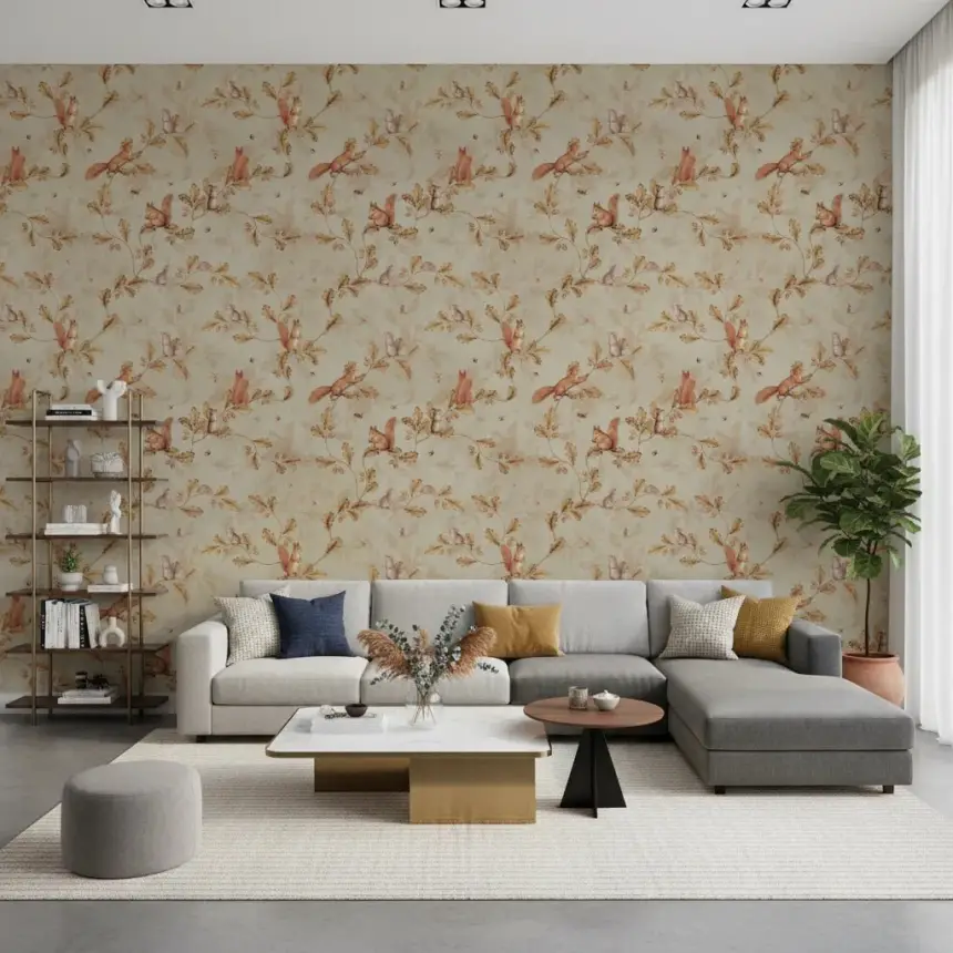18TH Rococo Forest Chinoiserie with Squirrels and Mice on Oak Tree Branches Beige Wallpaper