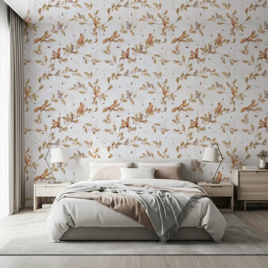 18TH Rococo Forest Chinoiserie with Squirrels and Mice on Oak Tree Branches Off White Wallpaper