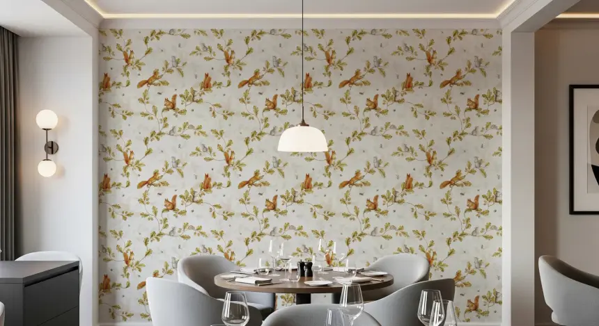 18TH Rococo Forest Chinoiserie with Squirrels and Mice on Oak Tree Branches Wallpaper