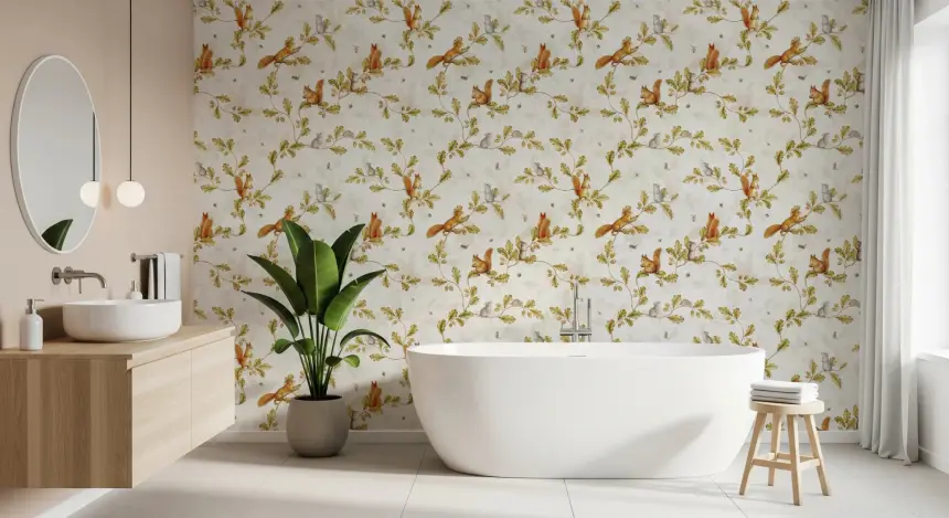18TH Rococo Forest Chinoiserie with Squirrels and Mice on Oak Tree Branches Wallpaper