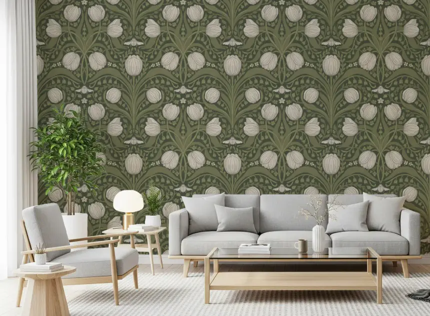Retro Nouveau Tulips in Orange and Teal Wallpaper