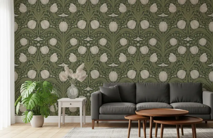 Retro Nouveau Tulips in Orange and Teal Wallpaper