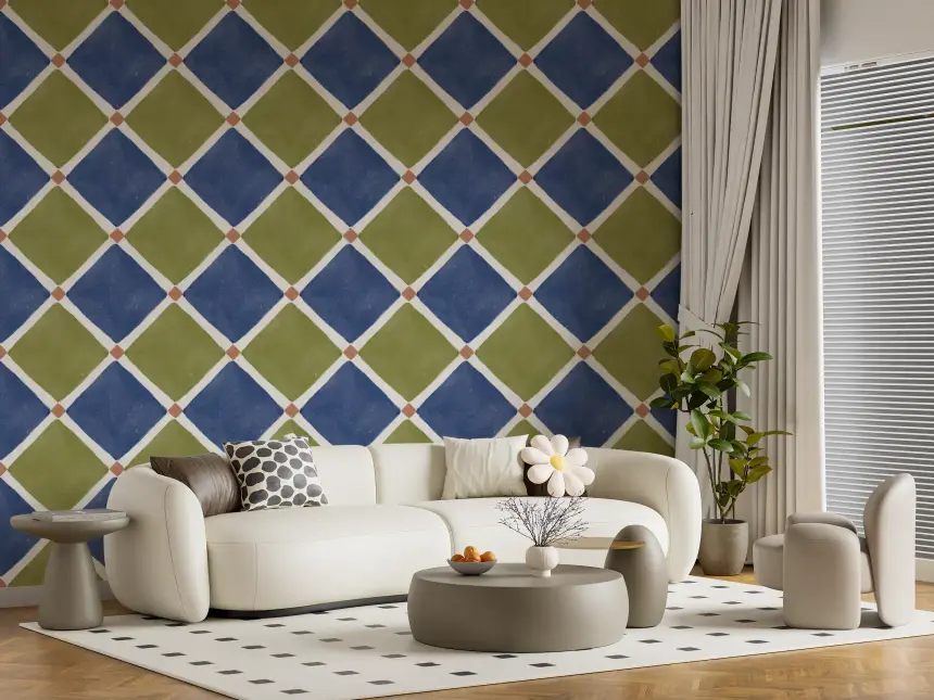 Mediterranean Rustic Checkerboard Aged Decoration - Blue - Olive Wallpaper