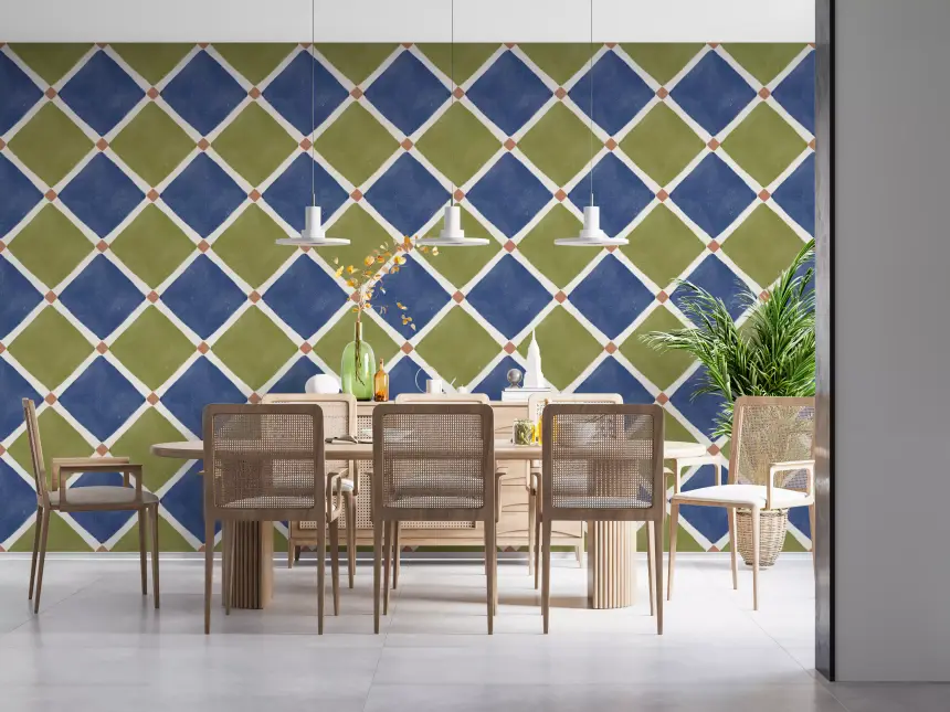 Mediterranean Rustic Checkerboard Aged Decoration - Blue - Olive Wallpaper