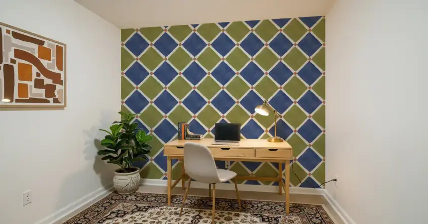 Mediterranean Rustic Checkerboard Aged Decoration - Blue - Olive Wallpaper