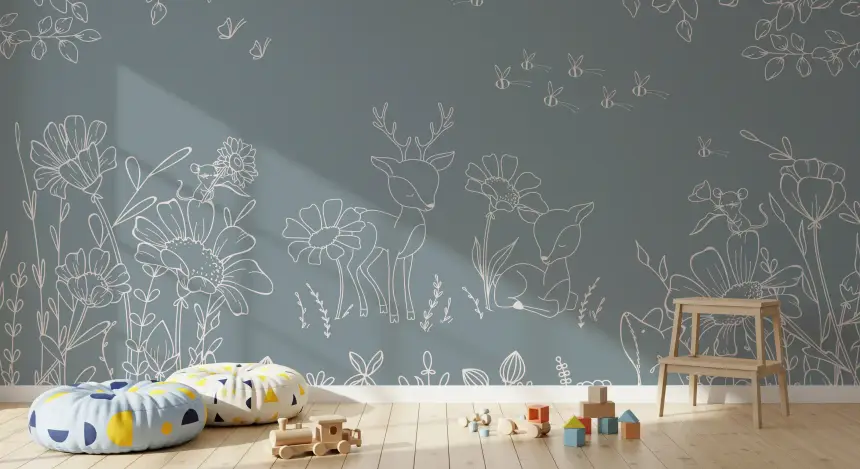 Deer Doodles Blue Wall Mural