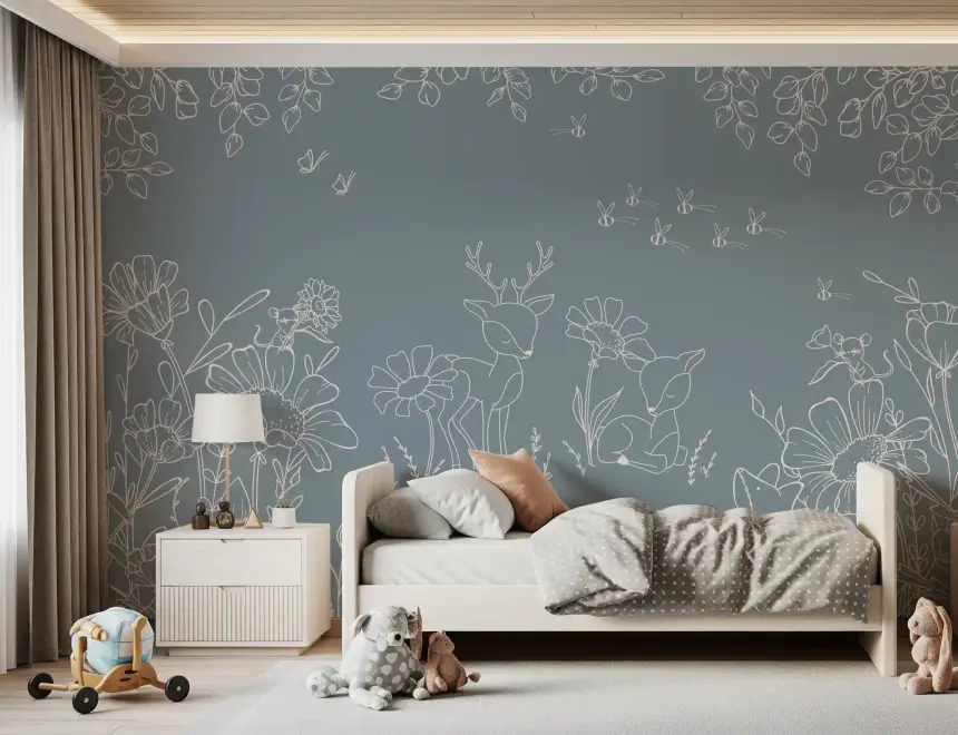 Deer Doodles Blue Wall Mural