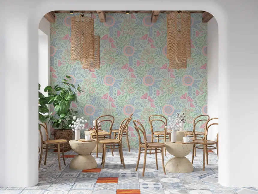 Buds and Blossom Floral Cottagecore Pastel Mint Green Wallpaper